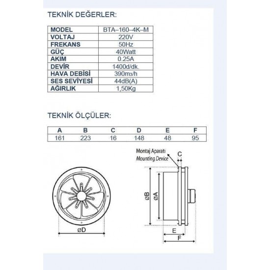 AYAS 16 Cm Çapında Bta-160-4k-m 1500 D/d 220 230 Volt Monofaze Baca Tipi Aspiratör Fan