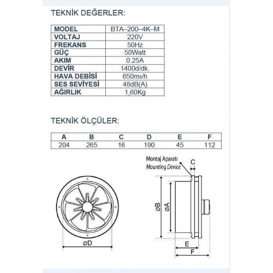 AYAS 20 Cm Çapında Bta-200-4k-m 1500 D/d 220 230 Volt Monofaze Baca Tipi Aspiratör Fan
