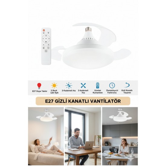 Helios Bella Beyaz GİZLİ KANATLI Tavan Vantilatörü E27 Duya Takılan Kumandalı 3 Renk Kısılabilir LED Avize Hs9312