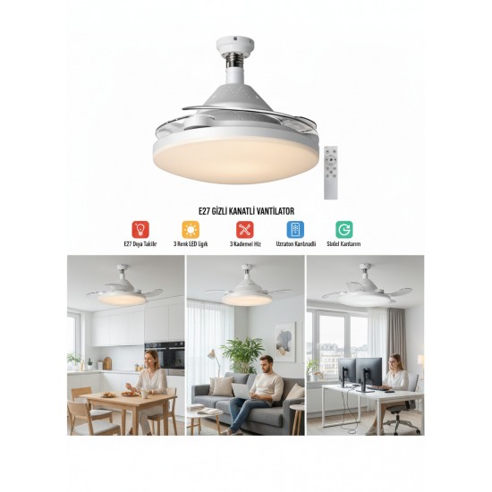Helios Bella Beyaz GİZLİ KANATLI Tavan Vantilatörü E27 Duya Takılan Kumandalı 3 Renk Kısılabilir LED Avize Hs9312