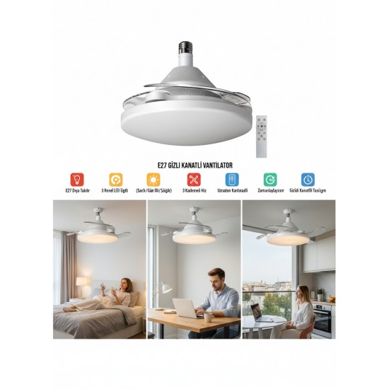 Helios Bella Beyaz GİZLİ KANATLI Tavan Vantilatörü E27 Duya Takılan Kumandalı 3 Renk Kısılabilir LED Avize Hs9312