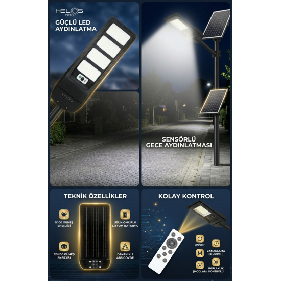 Helios 400w Solar Güneş Enerjili Bahçe Sokak Aydınlatma Lambası Ip65 Hs3866