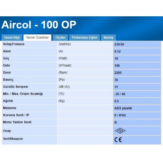 Aircol 100 OP Otomatik Panjurlu Dekoratif Banyo Tuvalet Havalandırma Fanı 100m3