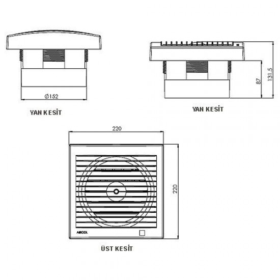 Aircol 150 OP Otomatik Panjurlu Dekoratif Tuvalet Banyo Havalandırma Fanı 300m3