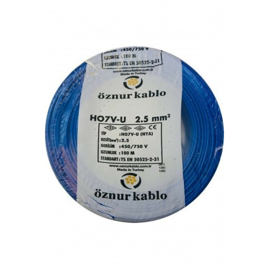 Öznur 2,5 Nya Kablo % 100 Bakır Mavi Renk 100 mt 2,5 NYA MAVİ