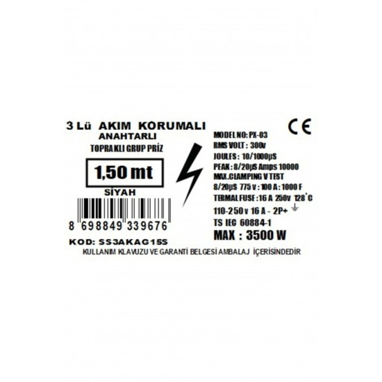 Smart Socket Üçlü Akım Korumalı Anahtarlı Grup Priz 1,5 Mt Siyah