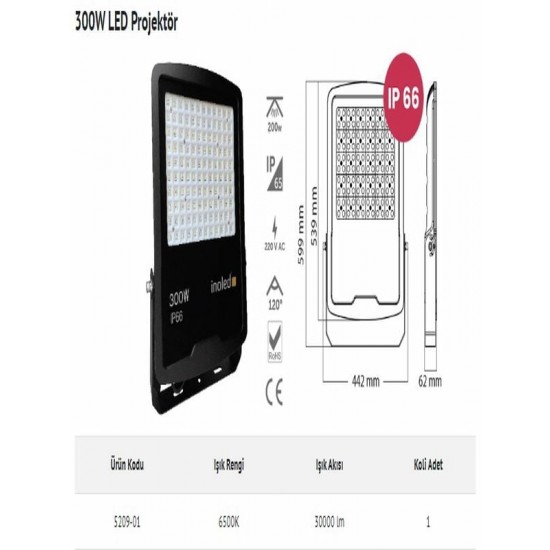 İnoled Elegant 300w Led Projektör 30000 Lümen 6500K Beyaz Işık