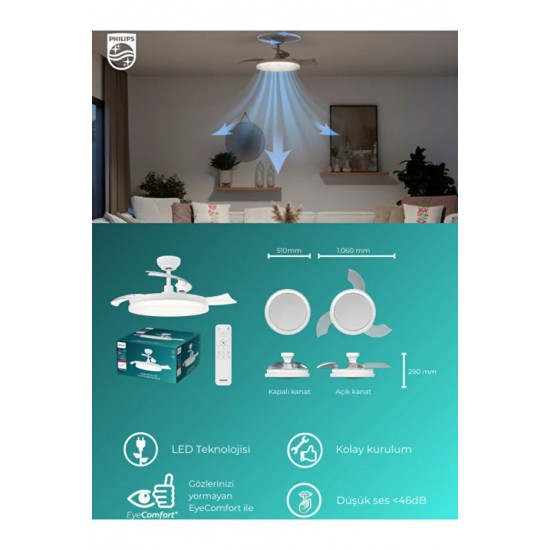 Philips Tynl Lambalı Tavan Vantilatörü 35W Led+32w MotorAçılır Kapanır Pervaneli DC Motor